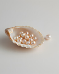 Series of cultured pearls, grouped together inside a large, white shell.