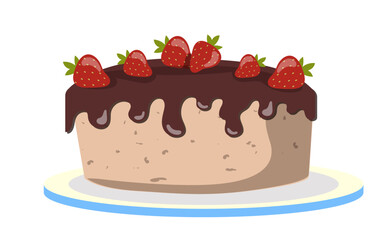 Set of birthday elements. Chocolate cake with strawberries. Dessert and delicacy. Bakery and pastry. Holiday and festival. Social media sticker. Flat vector collection isolated on white background