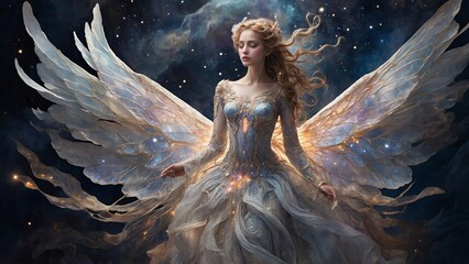 a young girl in a dark dress with a crown luminous ethereal spirit shimmering