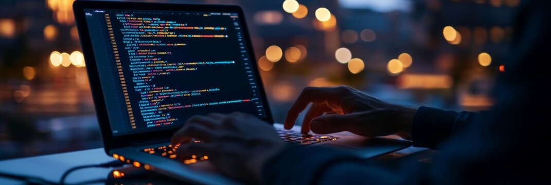 Hands typing on a laptop in a dimly lit room with coding on screen. Ambient lights create a futuristic setting, representing the digital world of IT development.