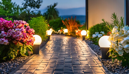 The path to the house in the backyard is lit by small lanterns standing on the ground