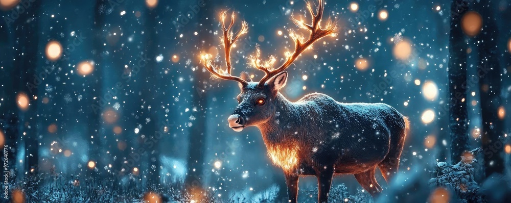 Poster a majestic deer illuminated by soft lights in a snowy forest, creating a magical winter scene filled