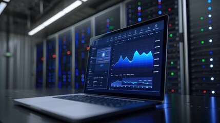 Laptop displaying data analysis on a dark background of server racks with blue and green lights