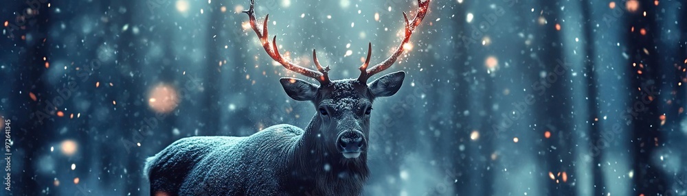 Poster a majestic deer stands in a snowy forest, illuminated by soft lights, creating a serene and magical 