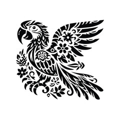 Macaw bird in folk art black and white silhouette illustration