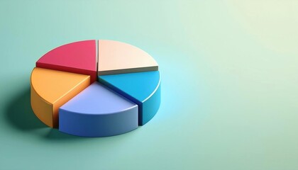 Colorful 3D pie chart on a pastel green background representing data analysis, business statistics, and financial information.