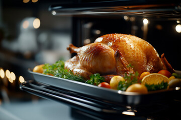 Fototapeta premium Thanksgiving turkey in the oven for Thanksgiving Day or Christmas Dinner. Cooked at home with green lettuce and cherry tomatoes. Modern kitchen background.