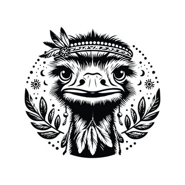 recommend clip art: Ostrich bird in bohemian black and white silhouette illustration