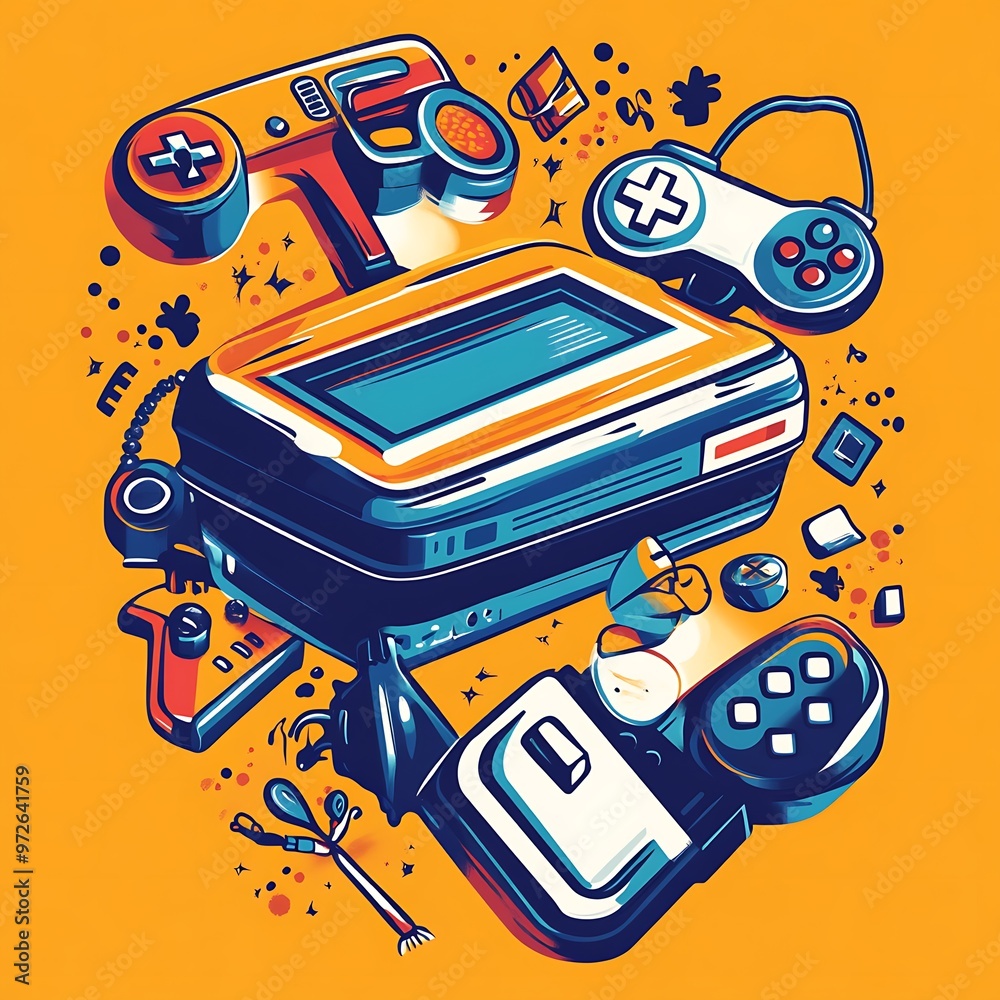 Poster Retro Video Game Console and Controllers on Yellow Background