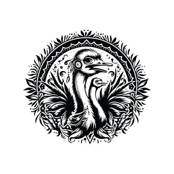 recommend clip art: Ostrich bird in bohemian black and white silhouette illustration