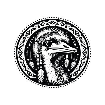 recommend clip art: Ostrich bird in bohemian black and white silhouette illustration