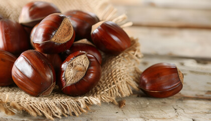 Sweet fresh edible chestnuts on light wooden table, closeup
