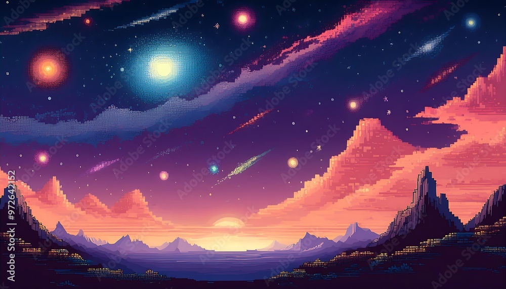 Wall mural retro pixelated galaxy - pixel art starry sky with a gradient background showcasing a nostalgic gala