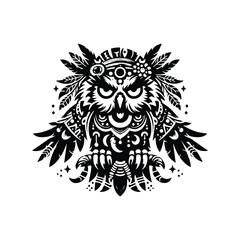 Owl bird in bohemian black and white silhouette illustration