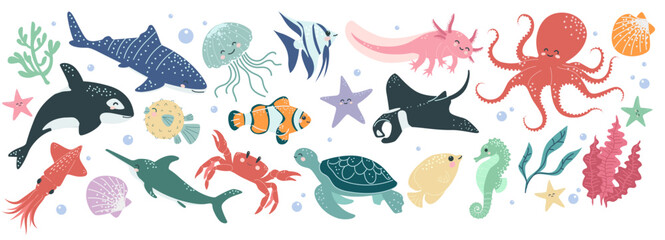 Sea animal life. Fish funny childish decor, octopus, dolphin and lobster with face, shell, marine creature. Cute cartoon character. Ocean baby pattern. Vector underwater wildlife doodle illustration