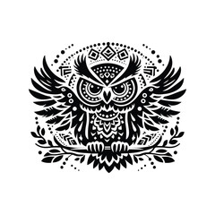 Naklejka premium Owl bird in bohemian black and white silhouette illustration