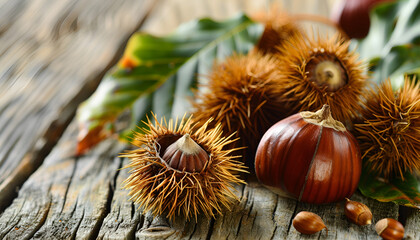 Sweet fresh edible chestnuts on light wooden table, closeup