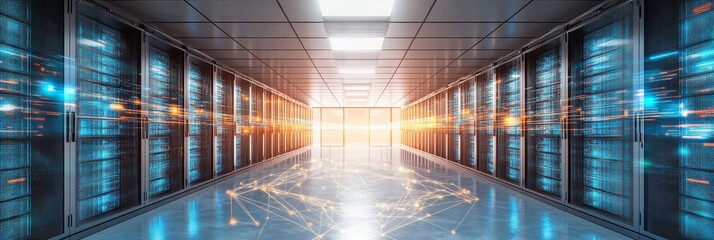 Fototapeta premium Data Center Storage With Information Flowing Through It In Blue And Orange Connecting Lines Cloud