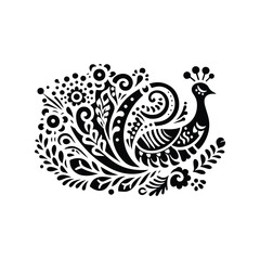 Peacock bird in folk art black and white silhouette illustration