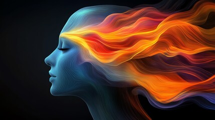 Abstract portrait of a woman with flowing fire like hair, symbolizing passion and energy.