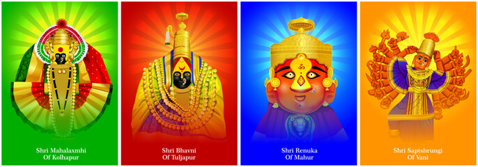 Set of Three and a half Shakti Peethas in maharastra. Goddess mahalaxmi, tuljabhavani, renuka, saptashrungi illustration for Happy Durga Puja offer, Discount, Sales Tags, Print, Banner, Web Banner