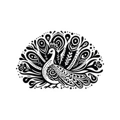 Peacock bird in folk art black and white silhouette illustration