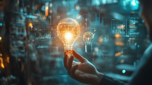 Hand holding a glowing lightbulb with data and technology background.