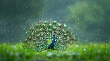 A majestic peacock displays its vibrant plumage in a mesmerizing dance, as raindrops fall around it