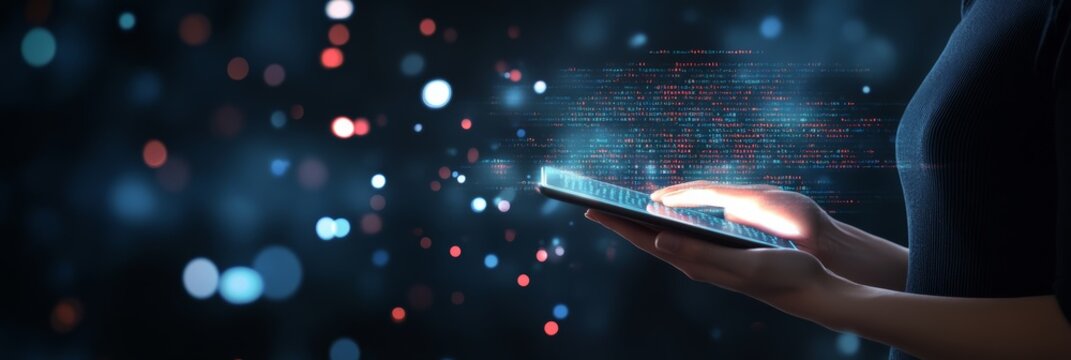 A person typing on a glowing tablet with orange data streams. Conveys the creative and dynamic nature of coding.