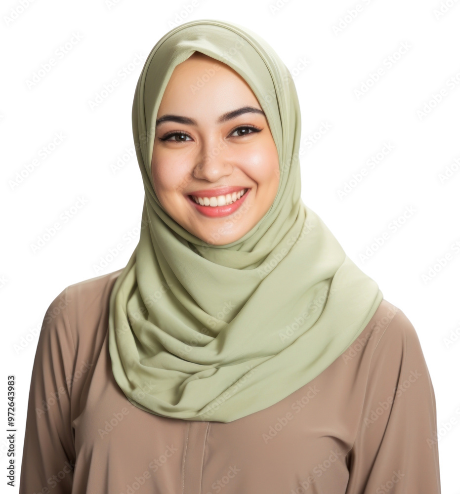 Sticker PNG Asian Muslim woman portrait smiling scarf.