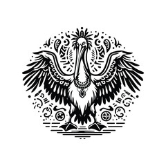 Obraz premium Pelican bird in bohemian black and white silhouette illustration