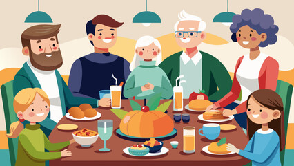 Family Thanksgiving Dinner Gathering Vector Illustration - Multi-Generational Meal Celebration
