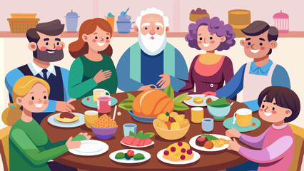 Family Thanksgiving Dinner Gathering Vector Illustration - Multi-Generational Meal Celebration
