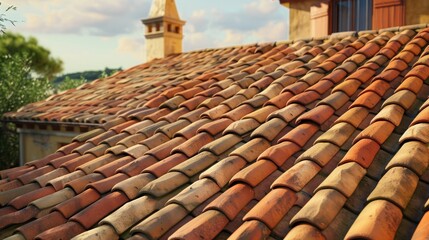 Naklejka premium Textured terracotta roof tiles with a warm, earthy hue and irregular shapes, defining the architecture of a Mediterranean villa.