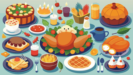 Traditional Thanksgiving Dinner Spread - Turkey, Stuffing, Cranberry Sauce, Side Dishes, Top-Down View
