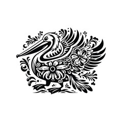 Obraz premium Pelican bird in folk art black and white silhouette illustration