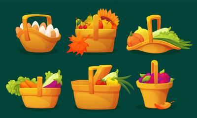 Icon autumn. Cartoon basket with flowers and agriculture products. Natural food ingredients. Autumnal foliage. Picnic box. Bag with vegetables and fruits. Organic corn harvest. Vector seasonal set