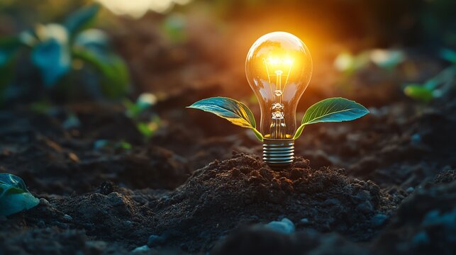 Light bulb growing in soil with plant sprout, representing new ideas and sustainability.
