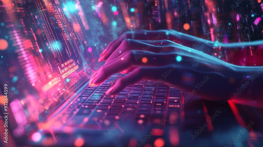 Poster Female hands typing on a laptop with glowing code. Concept of programming and coding.