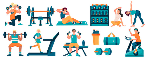 Hand drawn flat fitness icons set