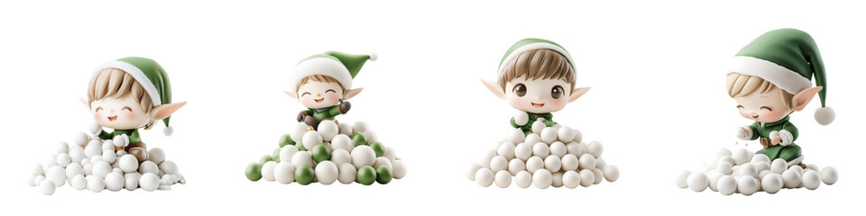 Fototapeta premium Charming holiday-themed figures of playful elves surrounded by fluffy white snowballs, perfect for festive decorations or artwork.