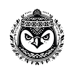 Penguin bird in bohemian black and white silhouette illustration