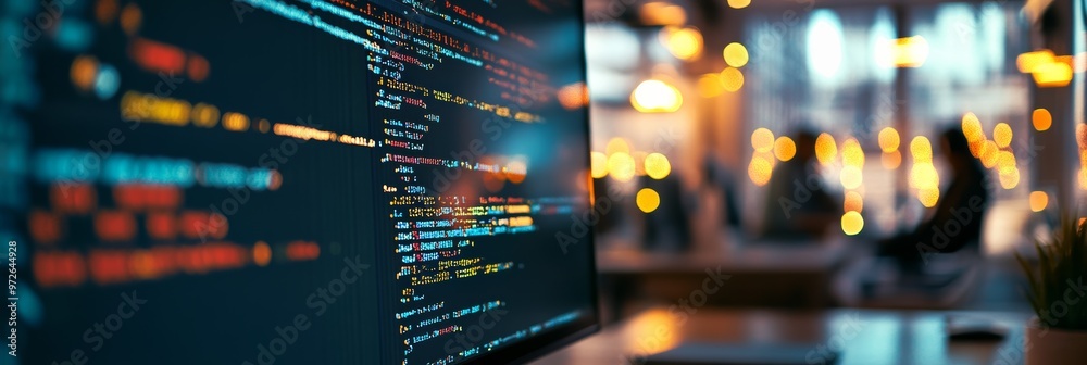 Poster Close-up of colorful programming code on a screen with blurred office lighting. Software development in a modern workspace.