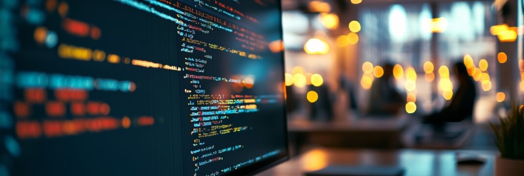 Close-up of colorful programming code on a screen with blurred office lighting. Software development in a modern workspace.