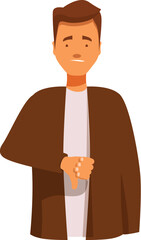 Young man expressing disapproval with a thumbs down gesture and a disappointed facial expression