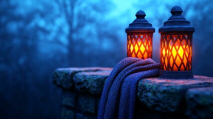 A pair of glowing lanterns with intricate patterns placed on a stone ledge, accompanied by blue fabric, set against a twilight backdrop with a deep blue ambiance