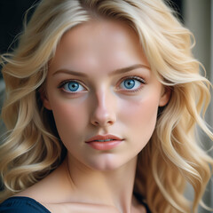 Naklejka premium Blonde Woman with Blue Eyes – Natural Timeless Beauty in Captivating 32K UHD Detail, Voigtlander Bessa R2M Style, Light Orange & Black Tones, Stunning Photography with Elegant Lighting