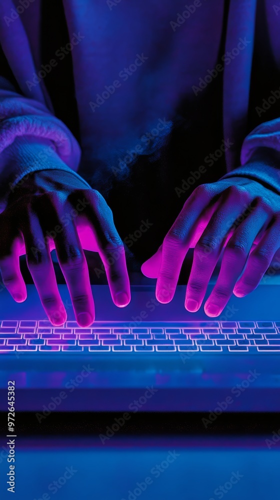 Poster Hands glowing in purple and blue light typing on a digital keyboard in a futuristic setting. Abstract coding and technology concept.