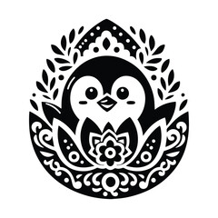 Obraz premium Penguin bird in folk art black and white silhouette illustration