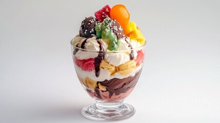 A decadent ice cream sundae with chocolate sauce, whipped cream, fruit, and a chocolate ball.